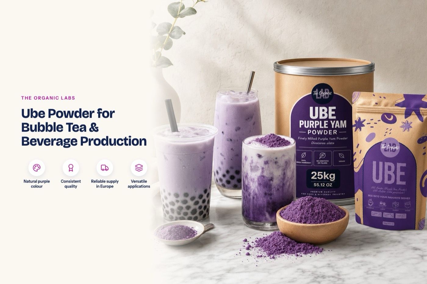 Generated SEO article cover about ube powder for bubble tea, with a headline and four benefit icons.