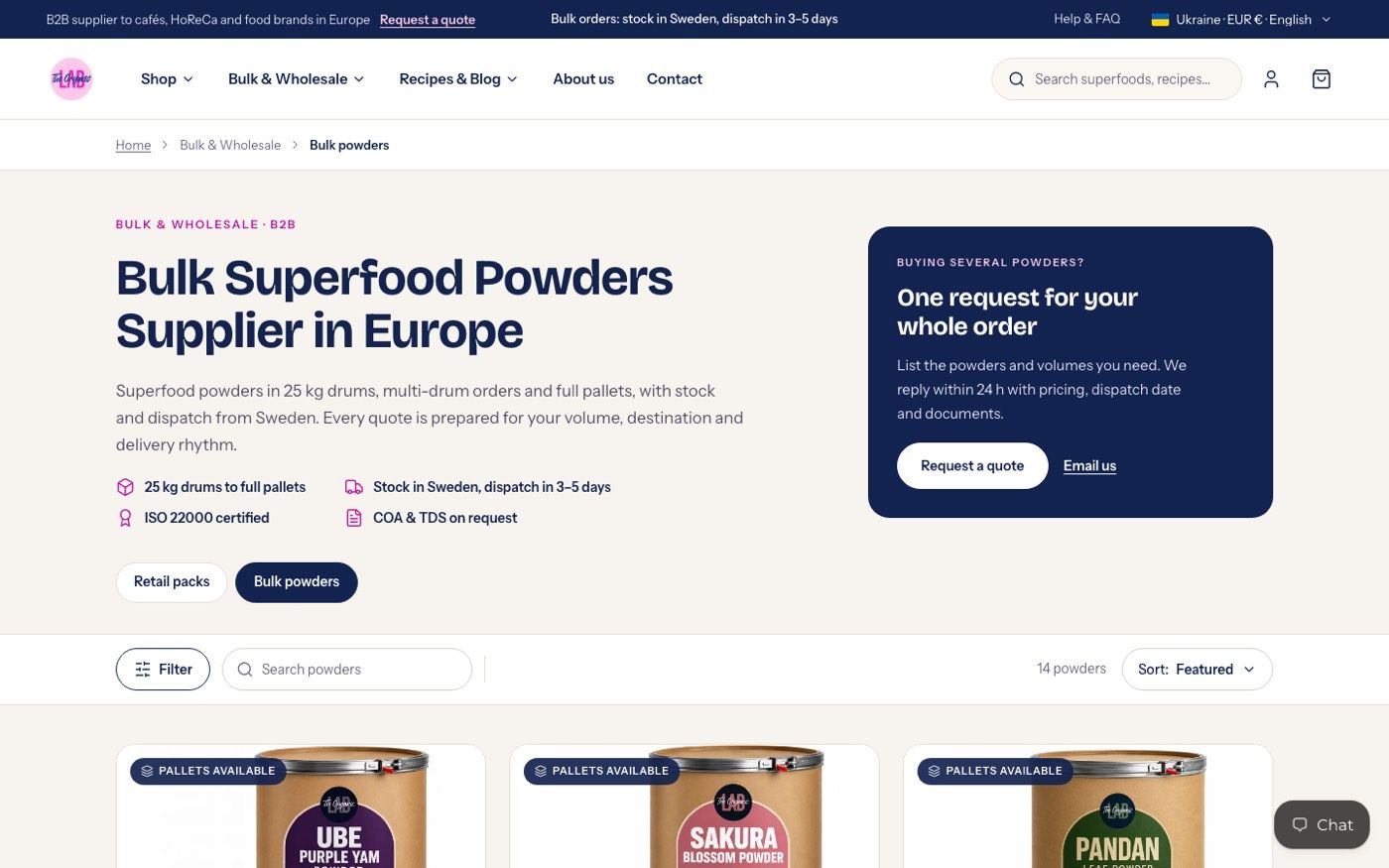 Bulk superfood powders collection with a request-a-quote panel, search, filters and drum cards.