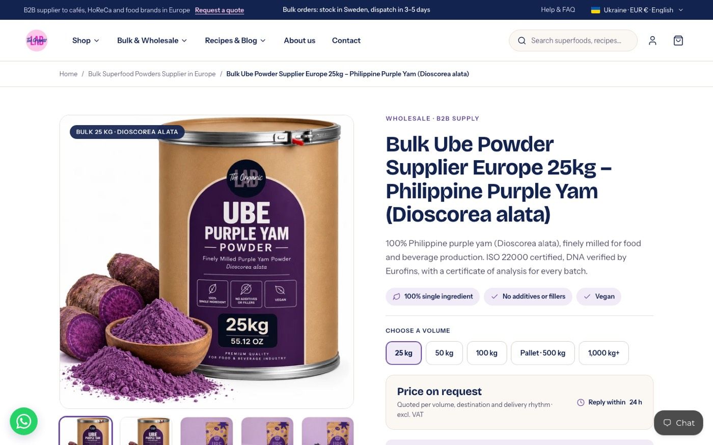 Wholesale product page for ube powder with a volume picker and a price on request box.