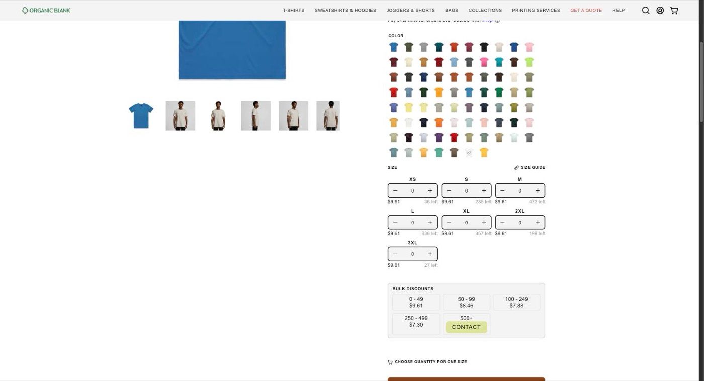 Organic Blank product page with a colour swatch grid, per-size quantity fields and a bulk discount table.