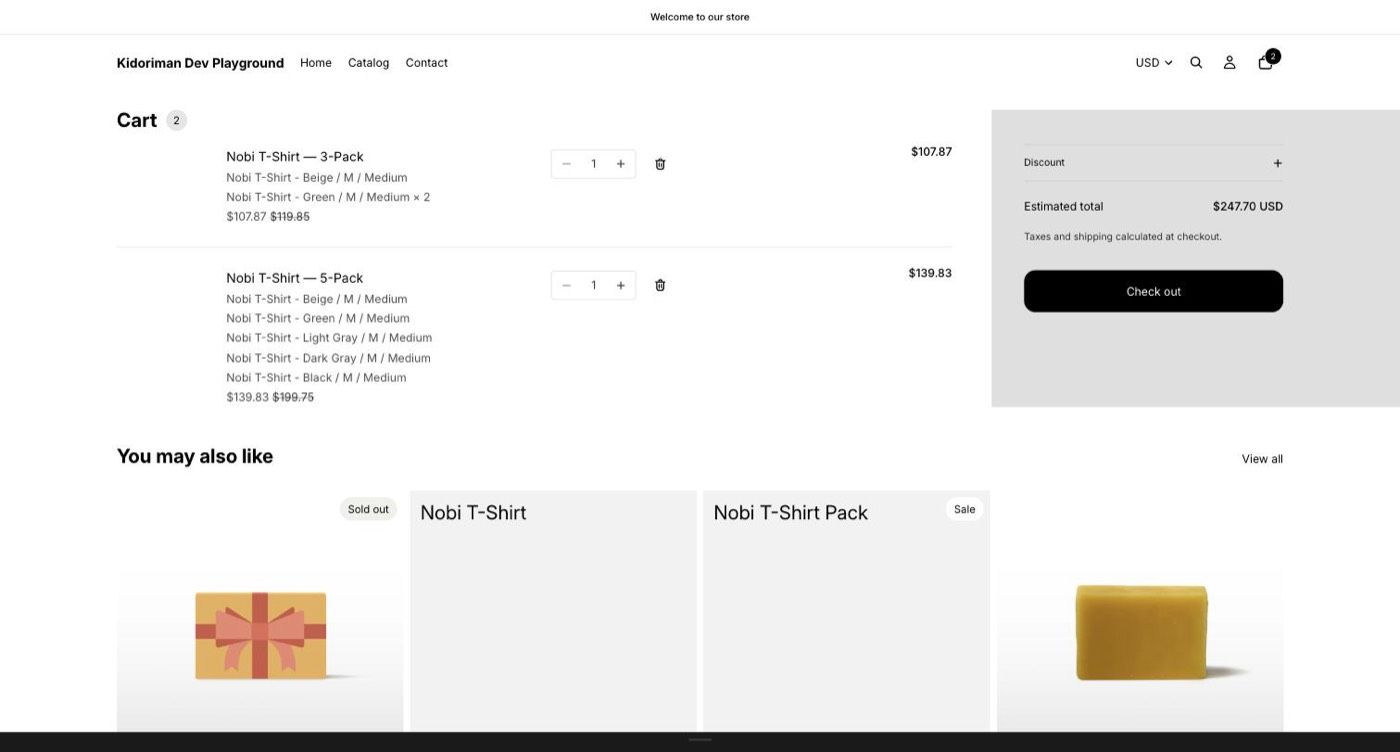 Cart page where each bundle is one line that lists its items and shows the original price struck through.