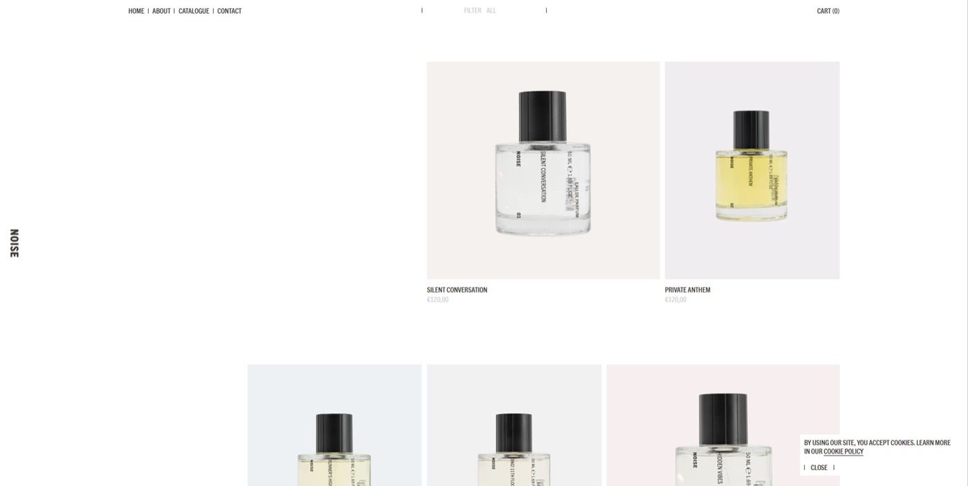 Noise Scent catalogue with perfume bottles on soft pastel tiles of different sizes.