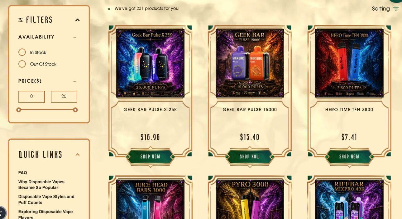 Collection page with a filter sidebar for availability and price, a quick links box and a grid of product cards.