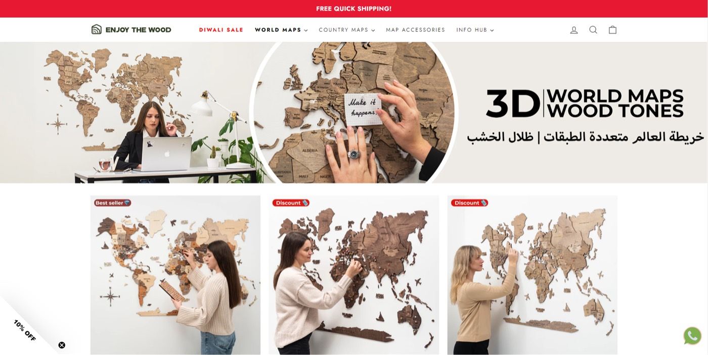Enjoy The Wood collection page with a 3D world maps banner and a grid of product photos with badges.