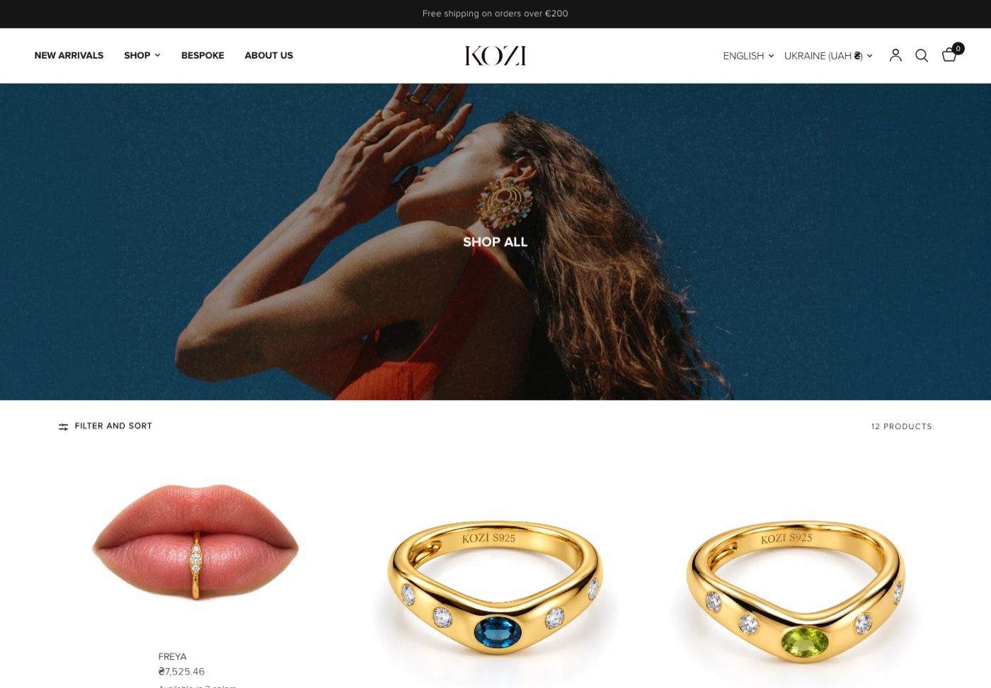 KOZI Shop all collection with a campaign photo header and product cards showing name and price.