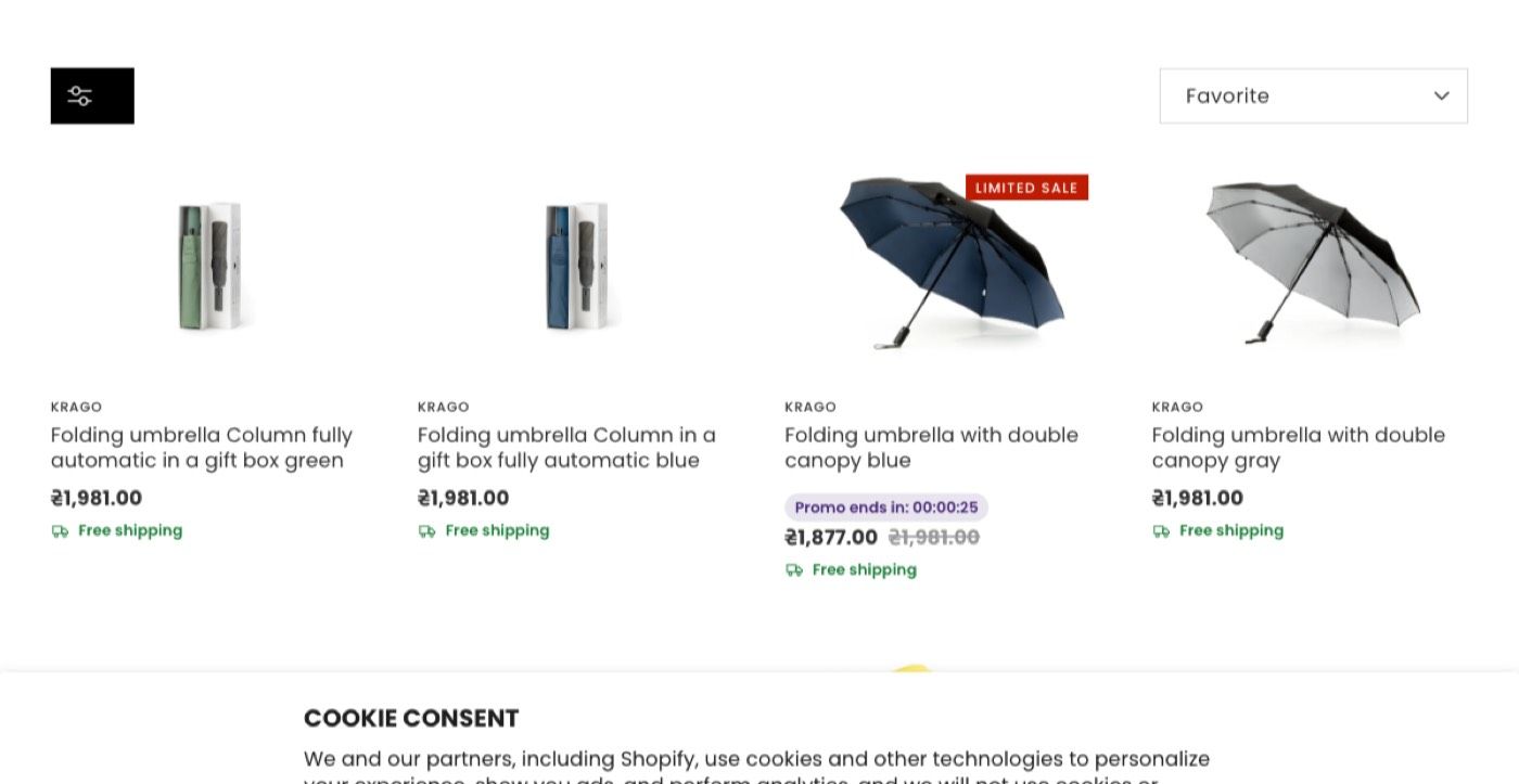 KRAGO umbrella collection with free shipping notes, a limited sale badge and a promo countdown.