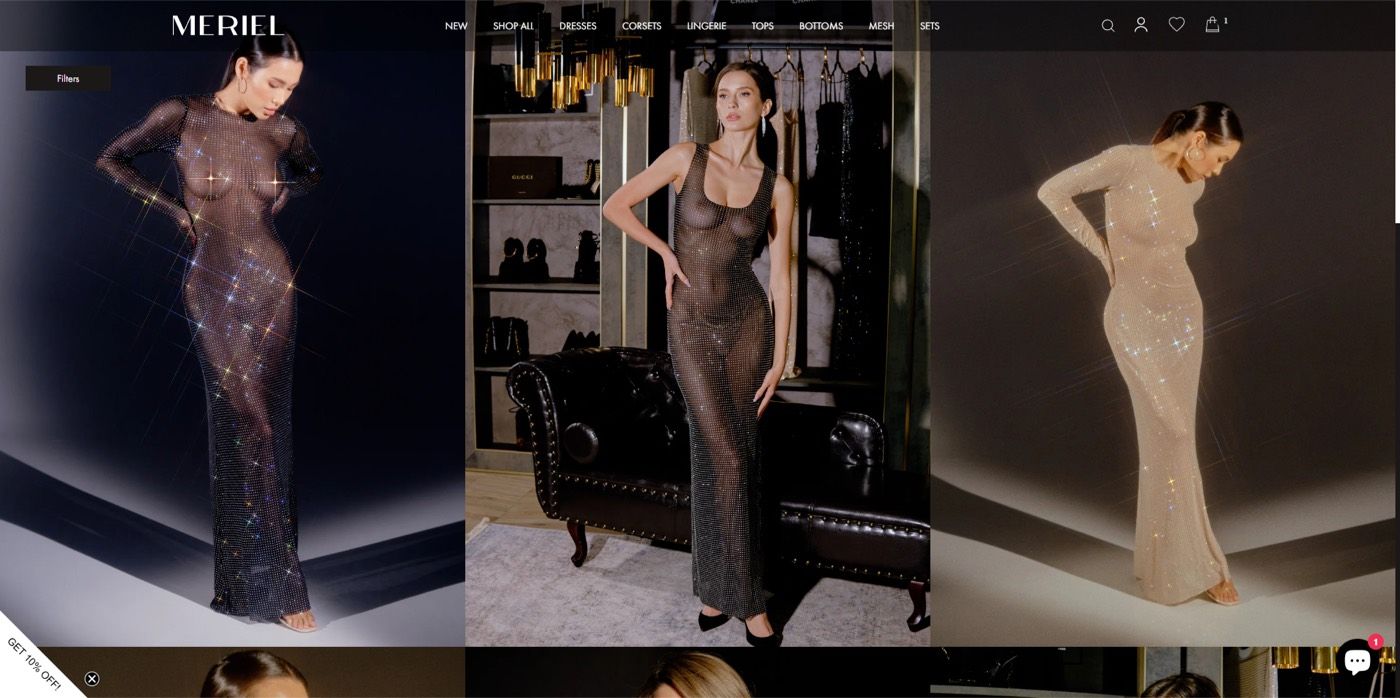Meriel dress collection page showing a three-column grid of full-height product photos.