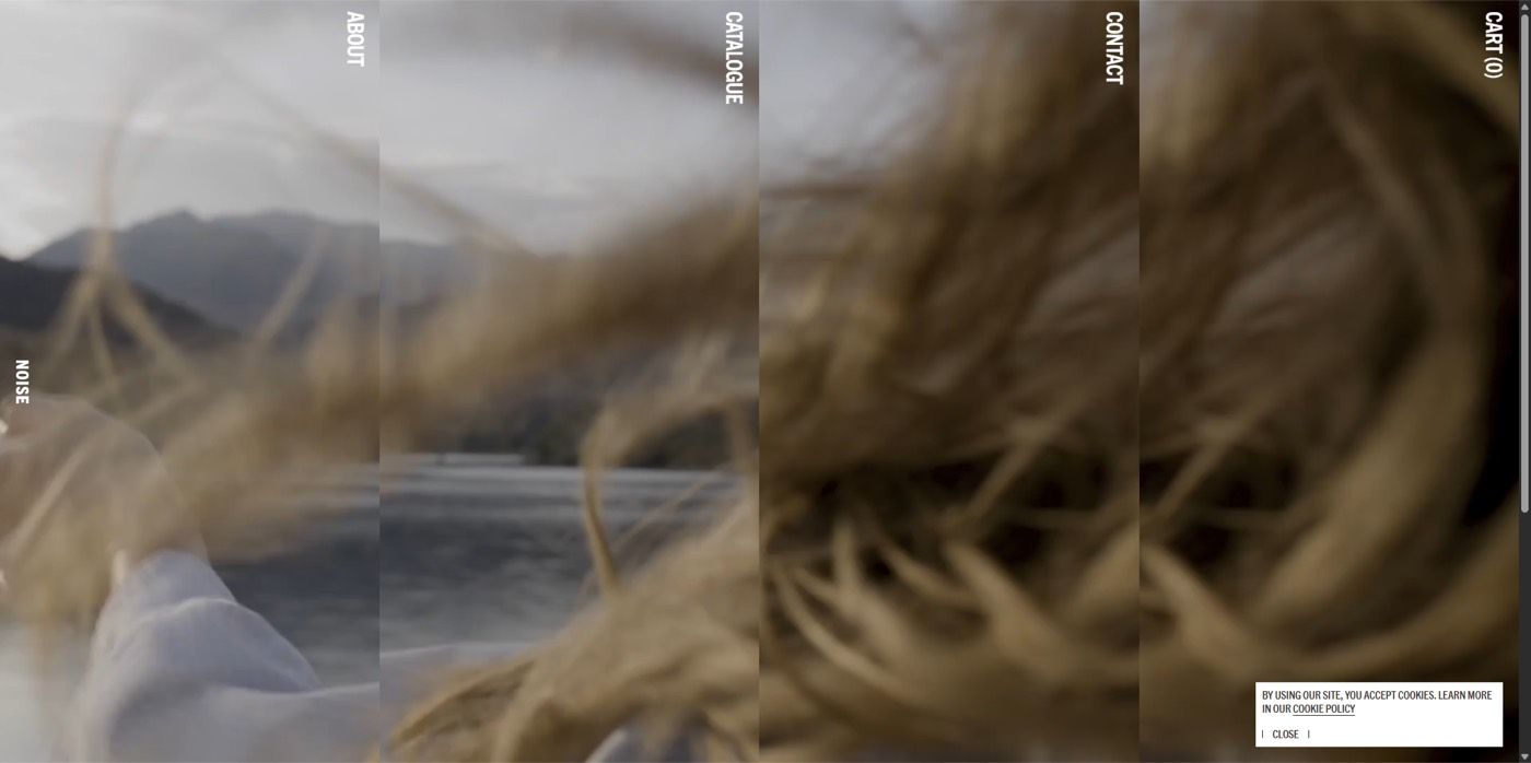 Noise Scent home page split into four tall photo strips with vertical navigation labels.