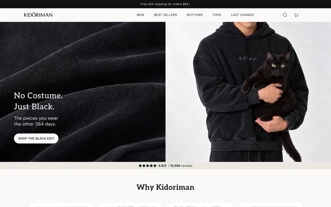 Kidoriman home page on the upgraded theme with a split hero, a black-edit campaign and a review bar.
