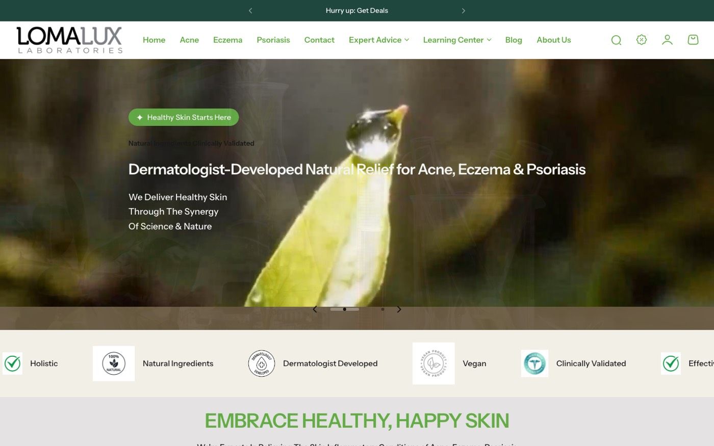 Loma Lux Laboratories home page with a green hero over a leaf and a row of trust badges.