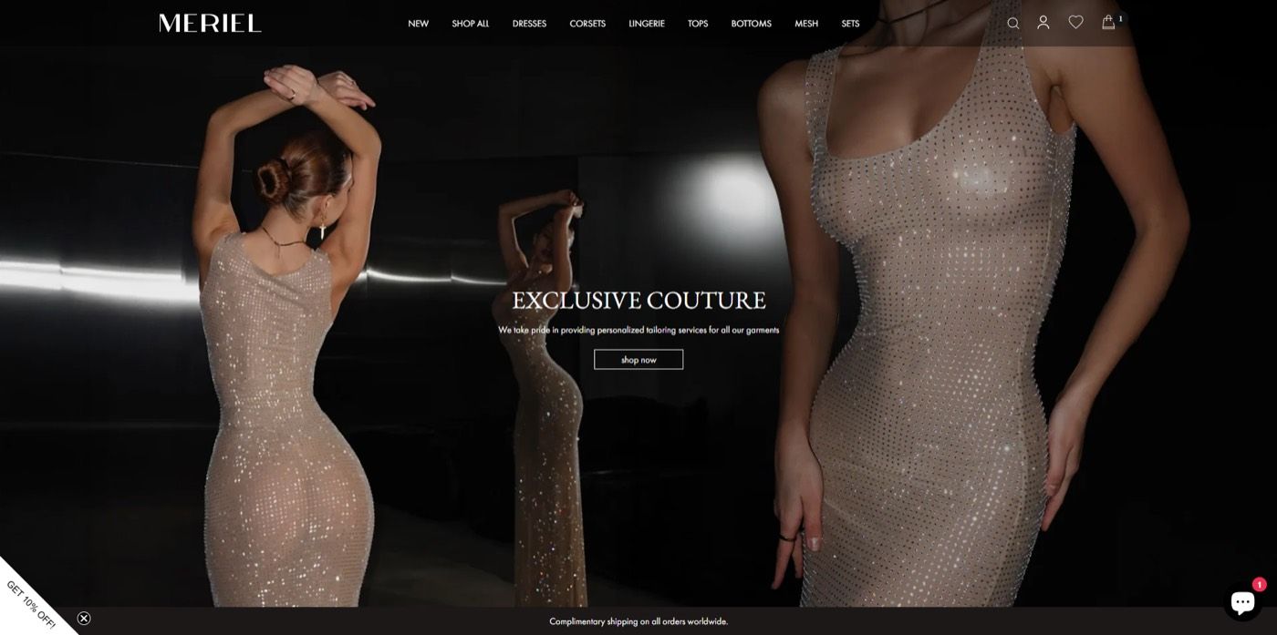 Meriel home page with a full-width couture hero and a dark, minimal header.