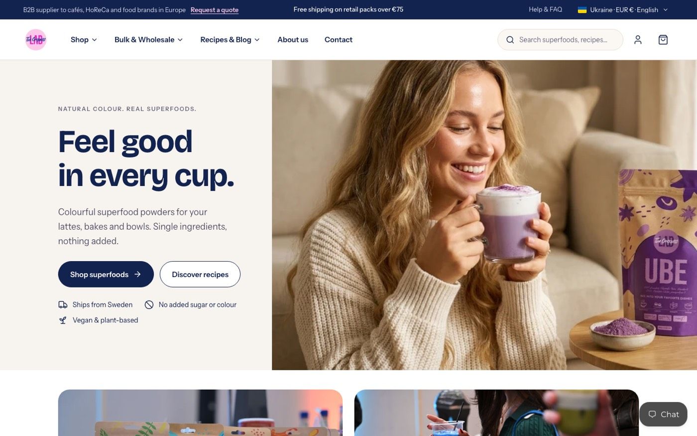 The Organic Labs home page: a superfood store with a lifestyle photo and shop buttons.