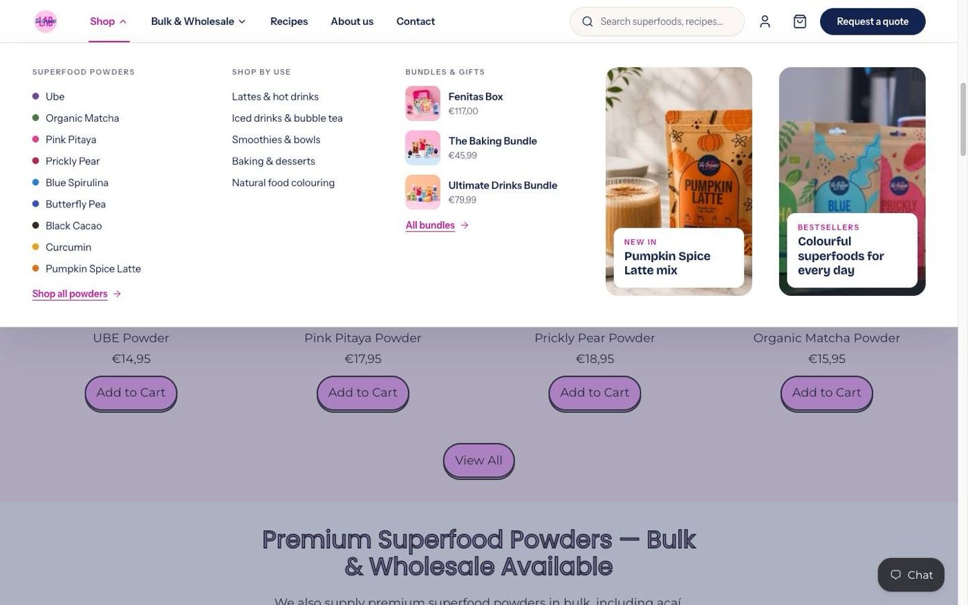 The Organic Labs shop mega menu with powders marked by colour dots, use cases, bundles and promo cards.