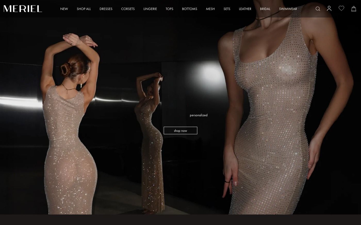 Meriel home page: a luxury fashion store with a full-screen dress campaign.