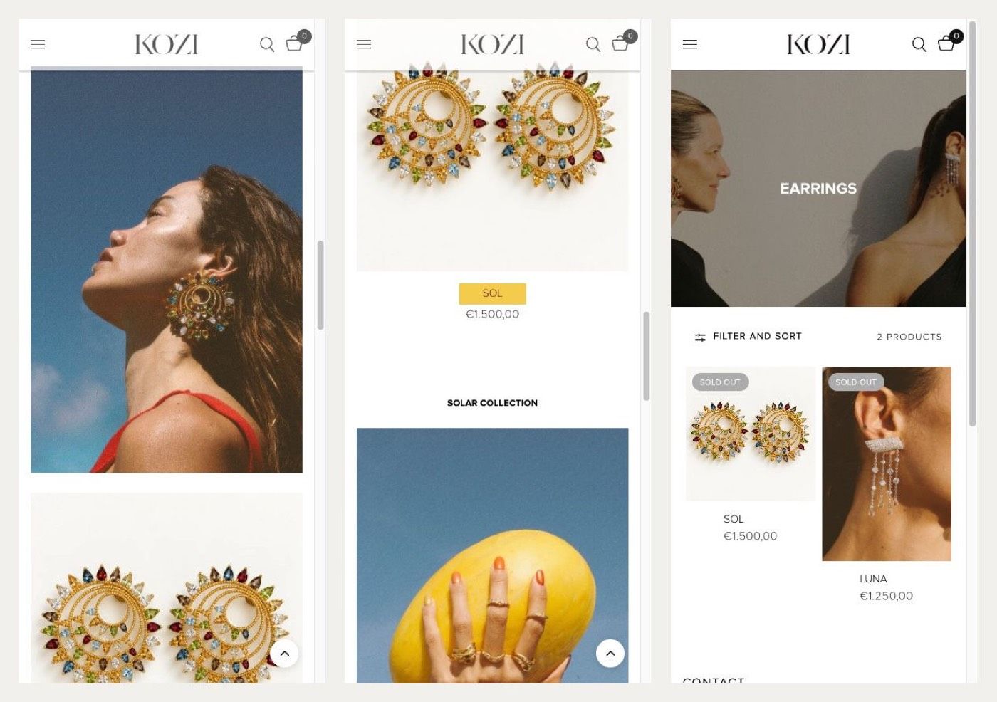 Three phone screens showing KOZI editorial blocks, a product card with a yellow button and the Earrings collection.