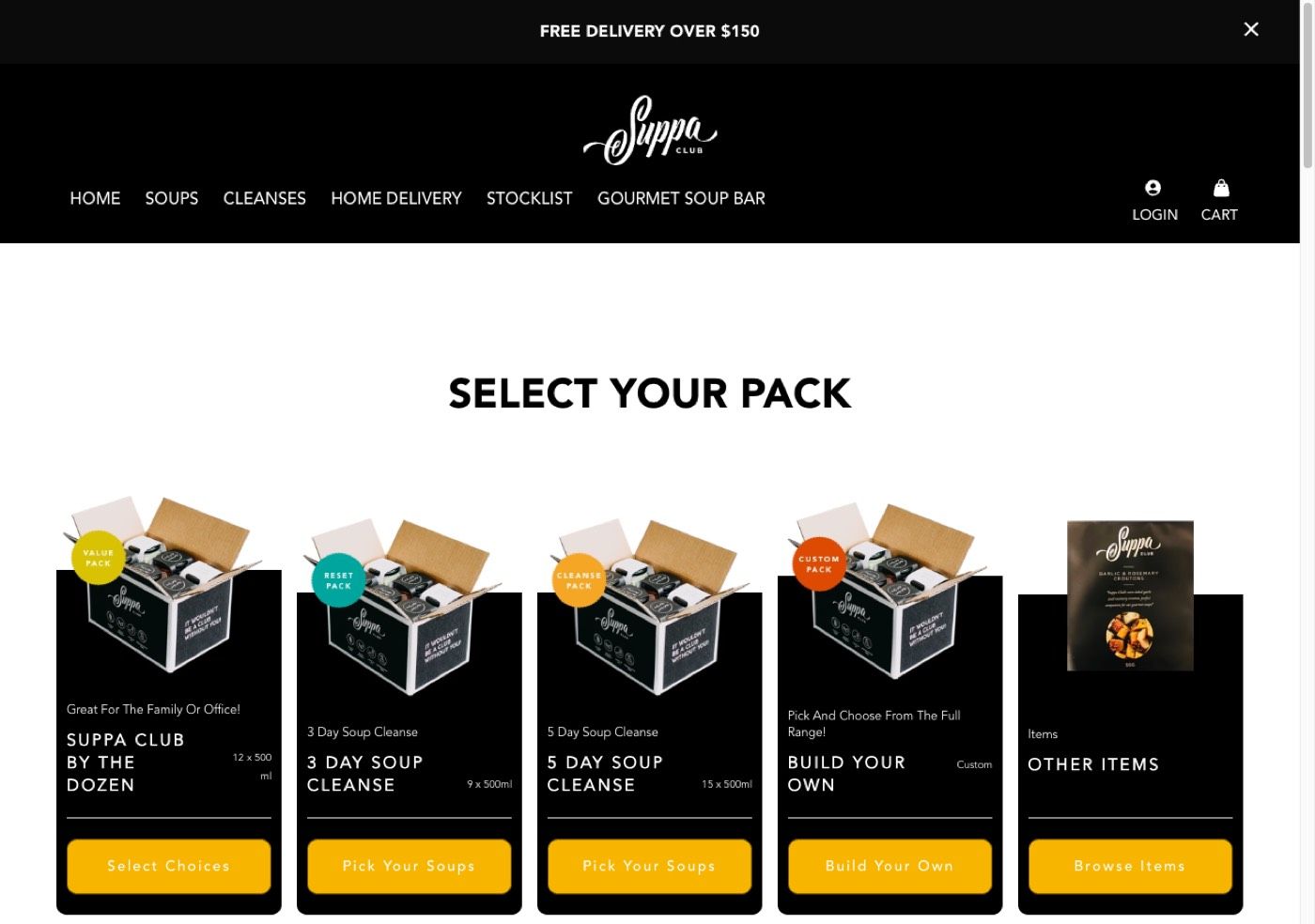 Suppa Club pack picker with five options: a dozen soups, three-day and five-day cleanses, build your own and other items.