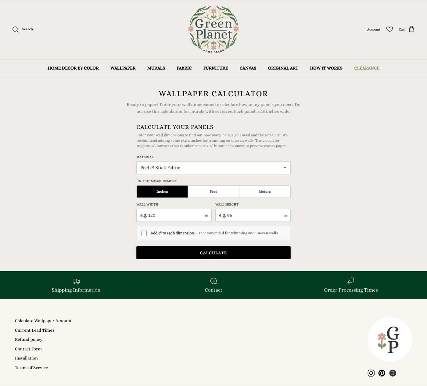 Wallpaper calculator page with material, unit and wall size fields and a calculate button.