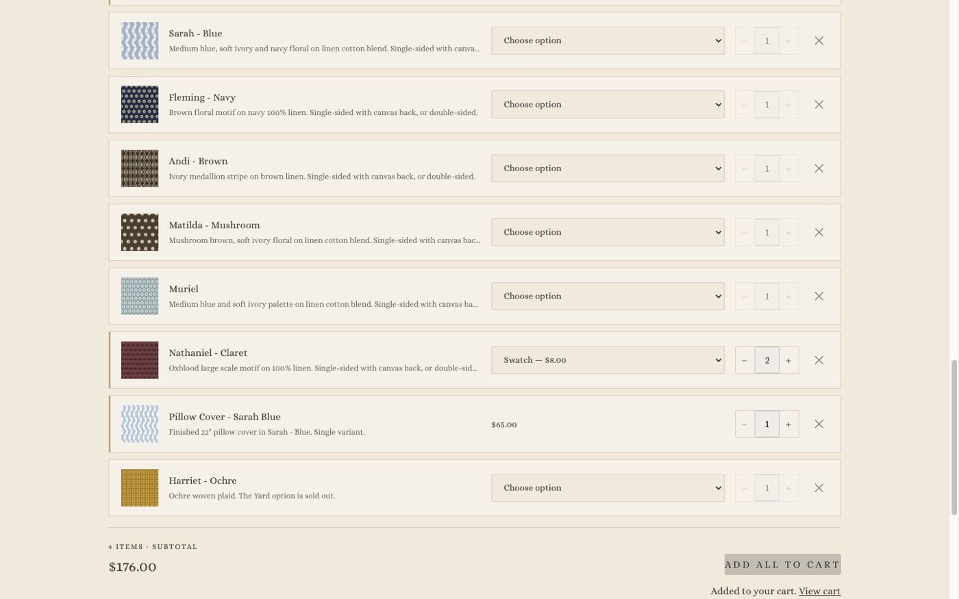 Pattern Play order table listing chosen patterns with option pickers, quantities and an add all to cart button.