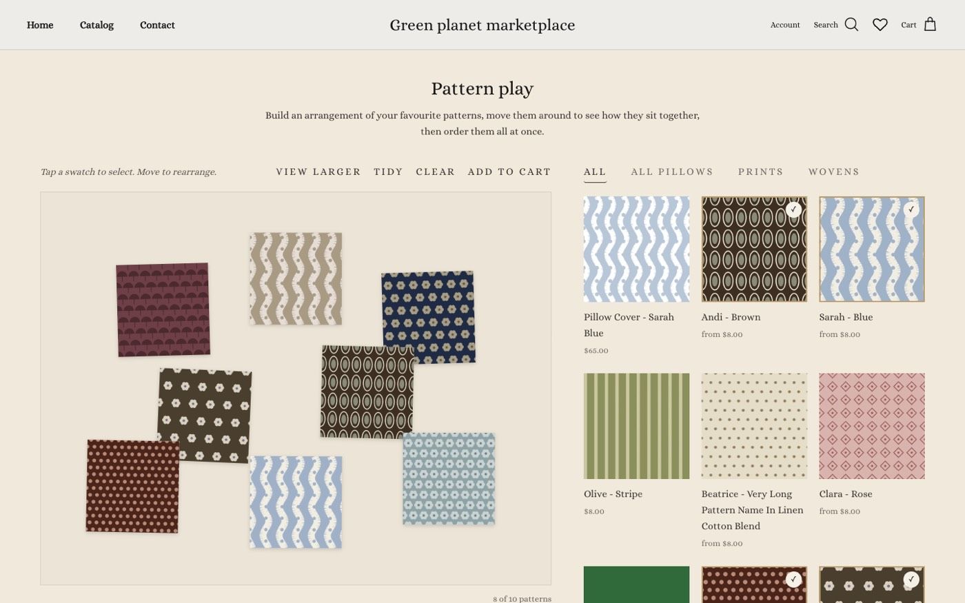 Pattern Play page with a board of arranged pattern swatches on the left and a pattern picker with filter tabs on the right.