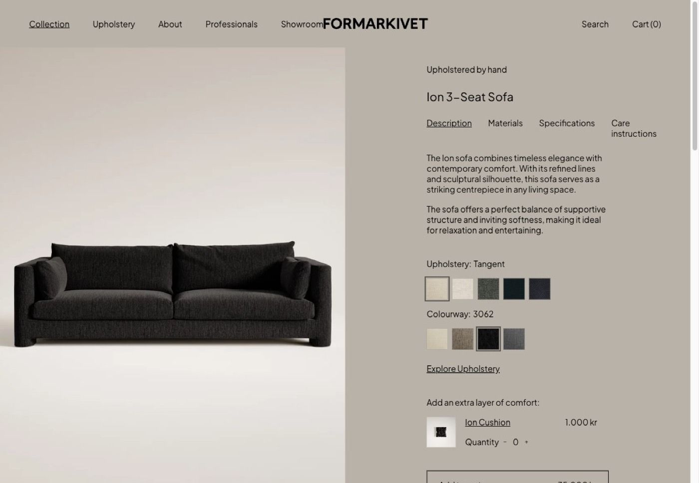 Sofa product page with fabric and colourway swatches and an Explore Upholstery link below them.