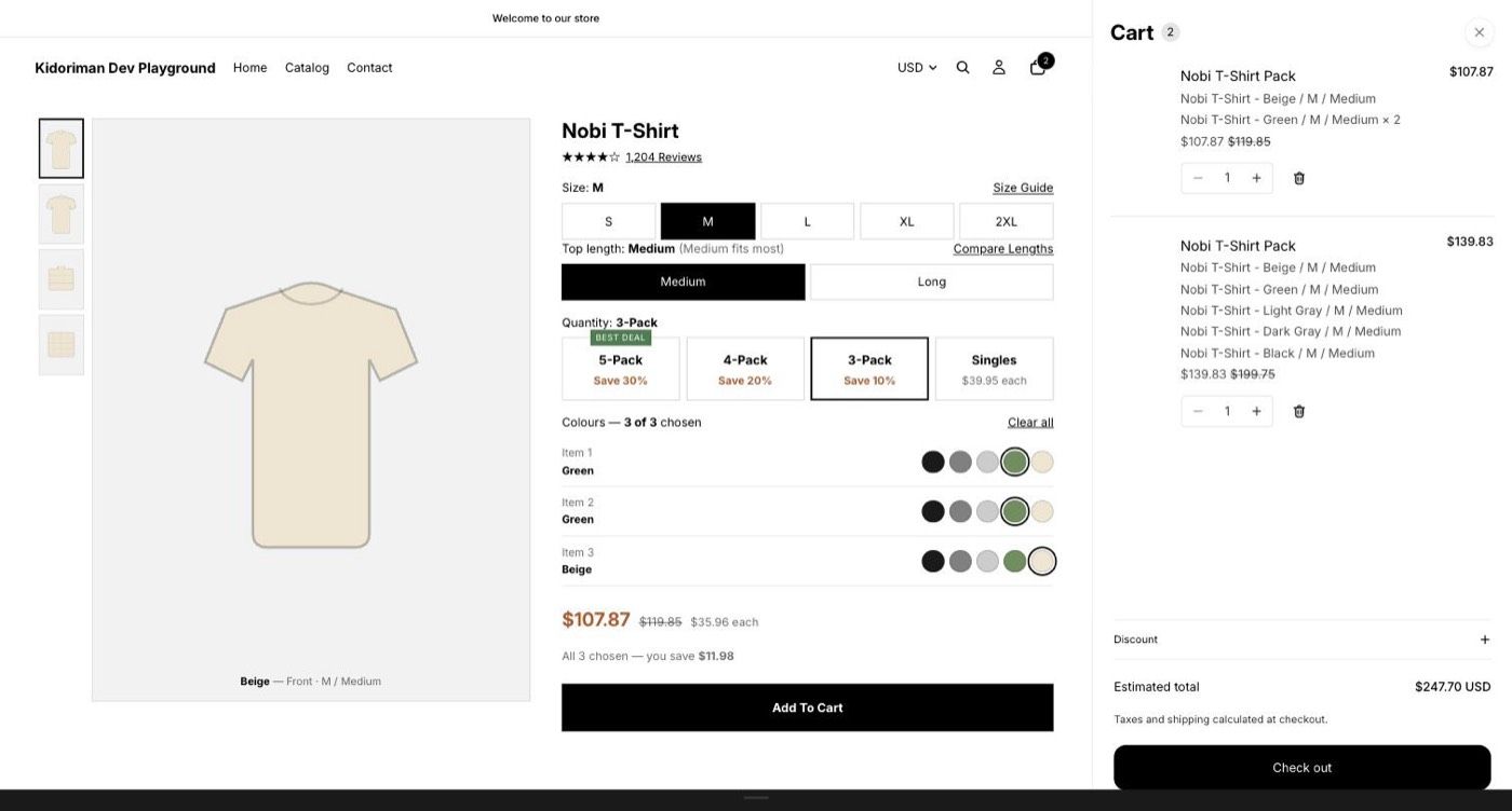 Bundle widget on a demo product page with pack sizes, a colour pick per item and a cart drawer showing two bundle lines.
