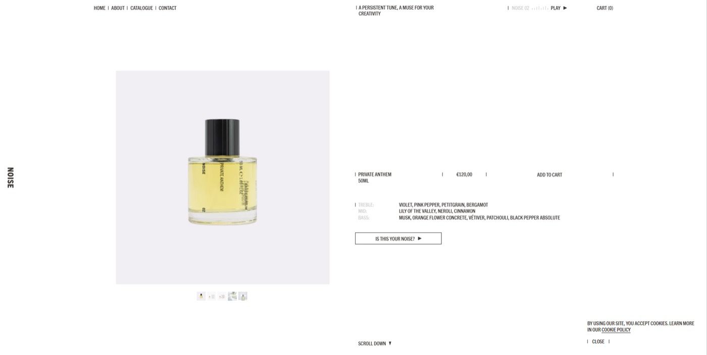 Noise Scent product page with a large bottle photo, fragrance notes and an add to cart button.