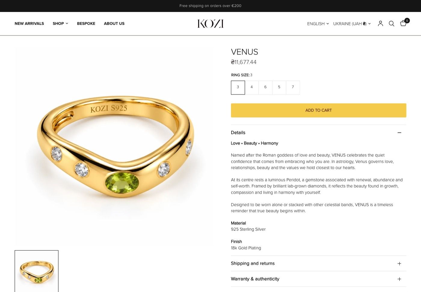 KOZI ring product page with a ring size picker, a yellow add to cart button and detail tabs.