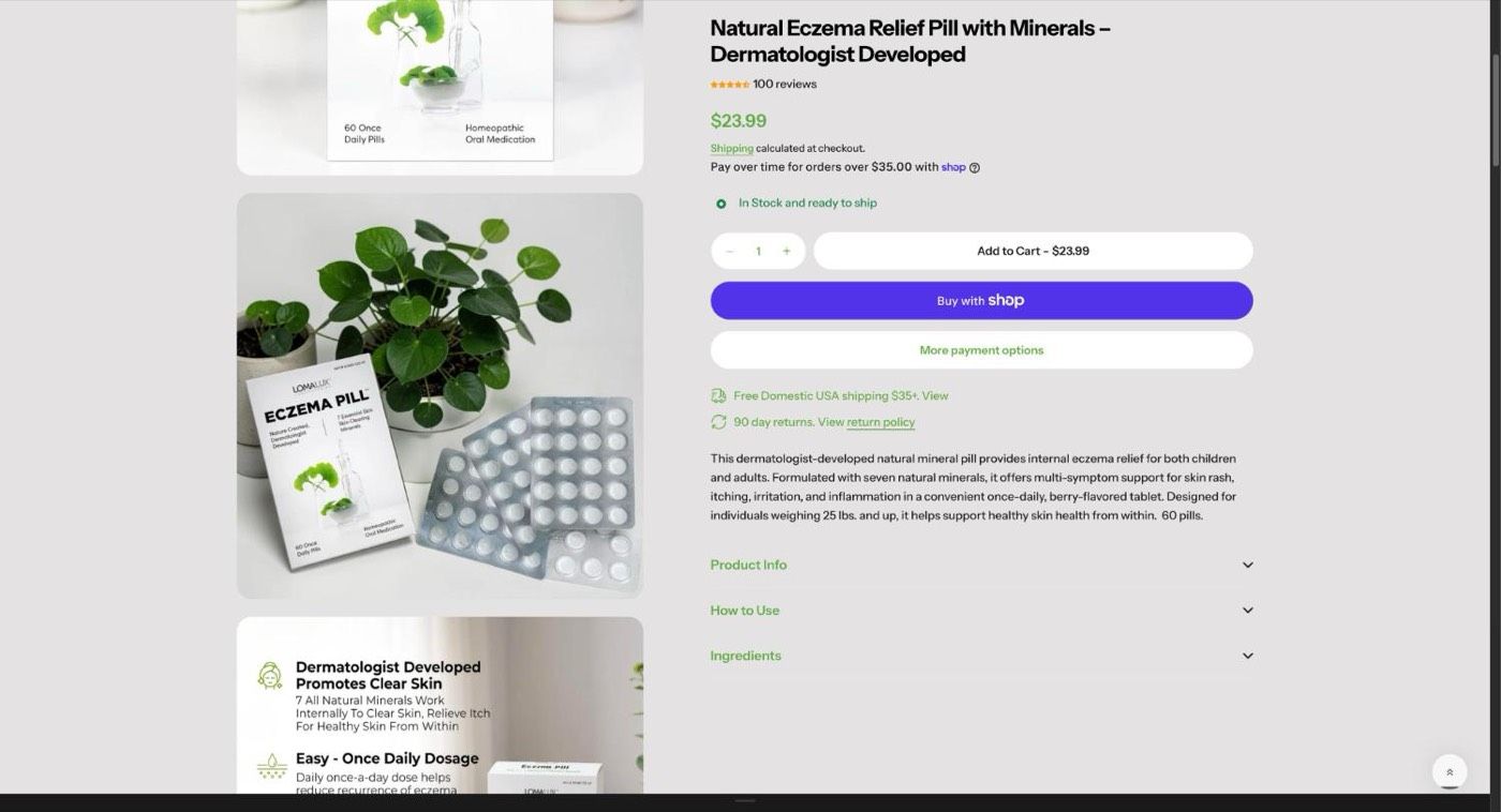 Loma Lux product page with a gallery, review stars, delivery and returns notes and collapsible info blocks.