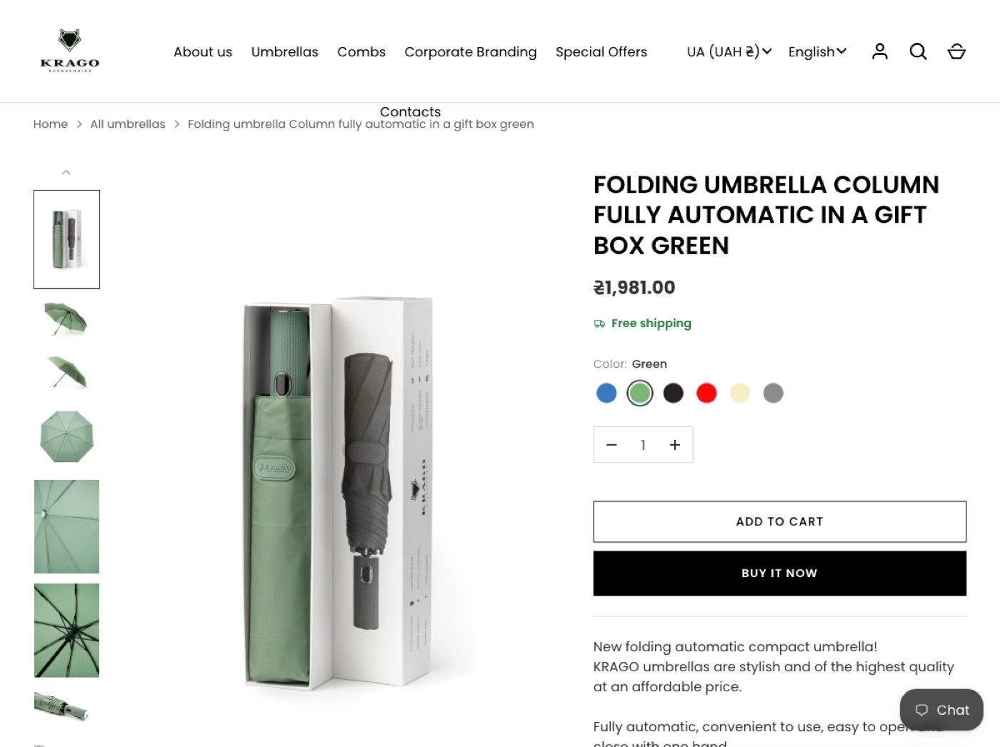 KRAGO product page for a folding umbrella with colour swatches, a free shipping note and add to cart buttons.