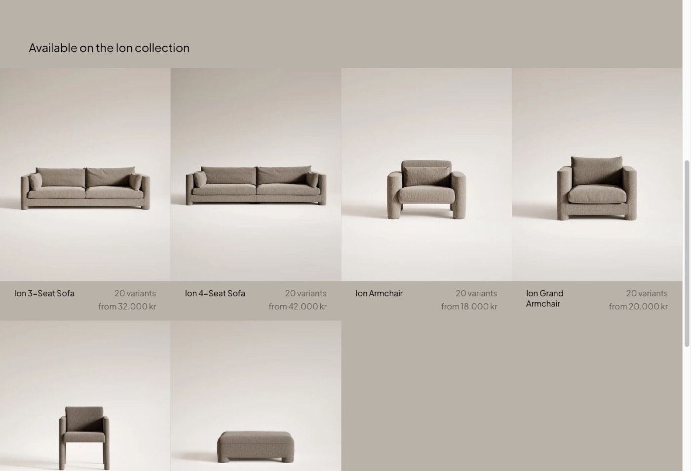 Block of sofa and armchair products that open with the chosen fabric preselected.