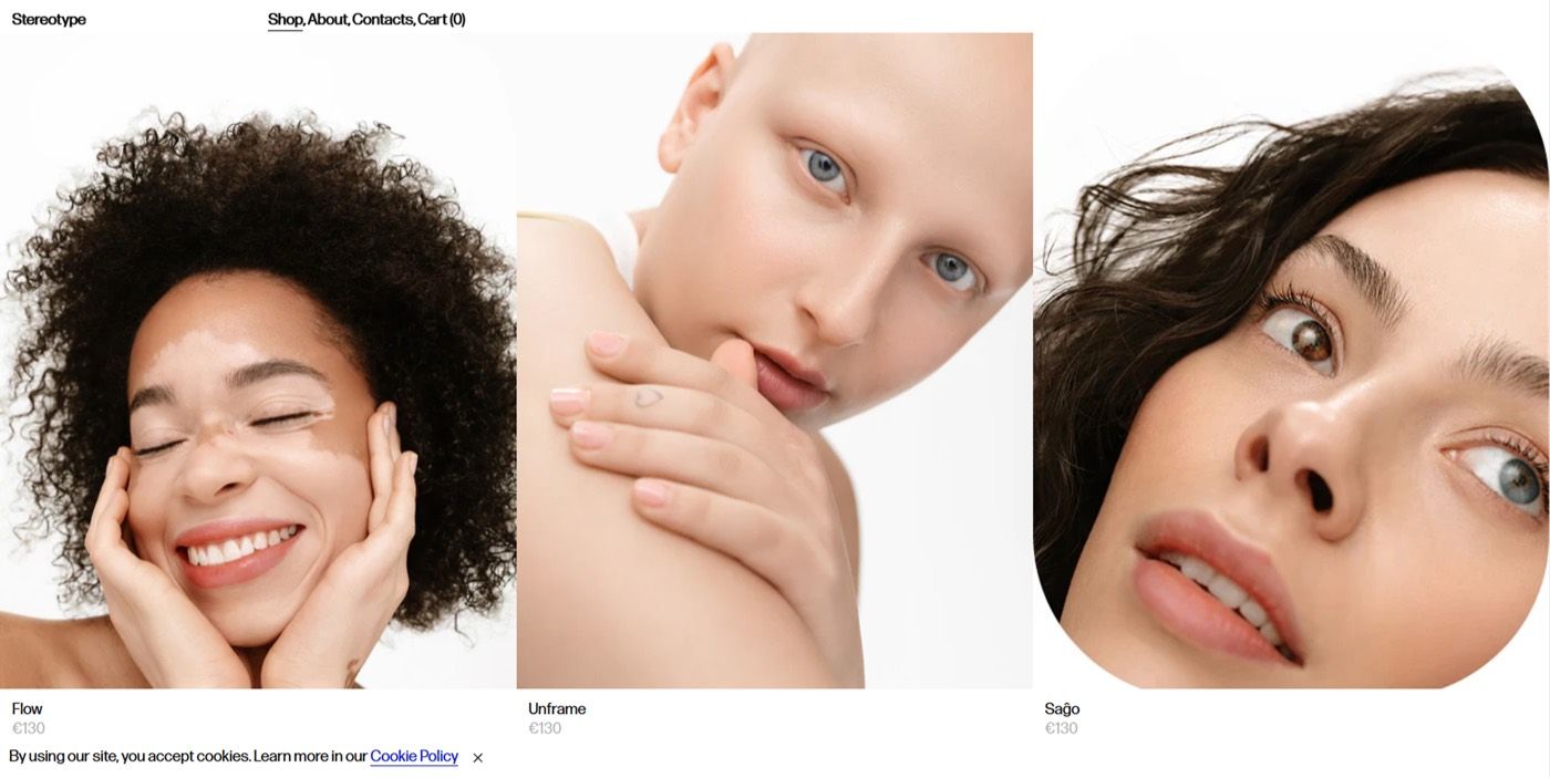 Stereotype shop page with three tall portrait photos used as product tiles.