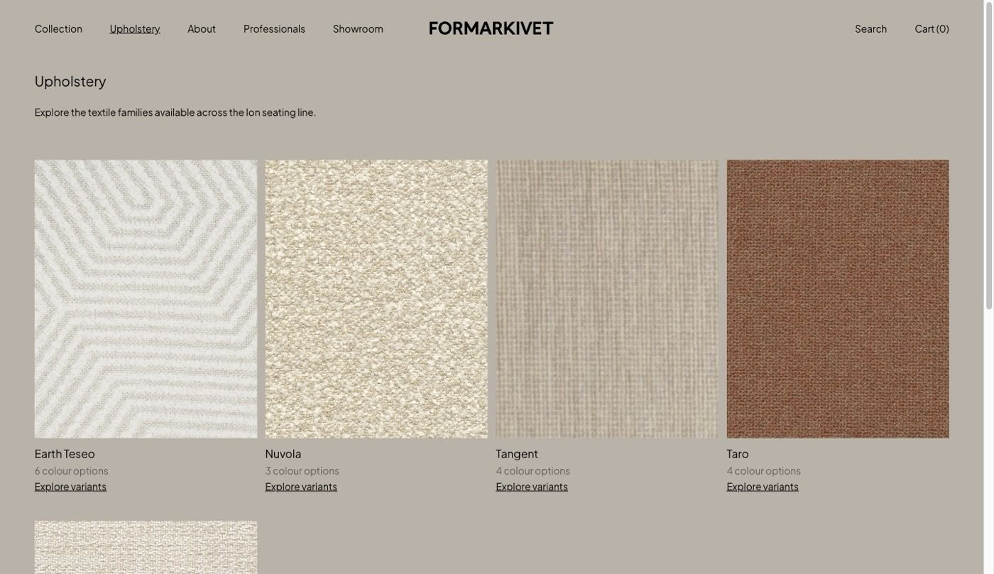 Upholstery overview page with a grid of fabric families, each showing a texture photo and a colour count.