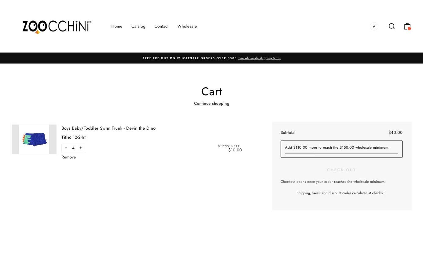 Wholesale cart with a progress bar to the minimum order and a disabled checkout button.
