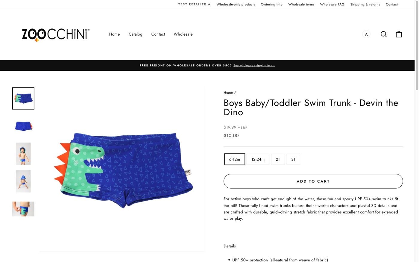 Wholesale product page for a swim trunk with the retail list price struck through next to the wholesale price and a B2B menu bar.